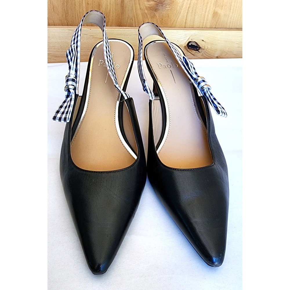 Linea Paolo Sz 9.5 Black Leather Slingback Kitten Heels Gingham Bow Pointed Toe